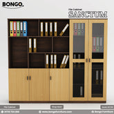 A promotional image of the "SANCTUM File Cabinet" by Bongo, shown from a high three-quarter angle. The large, modern office storage unit features a two-tone design with a dark wood-grain frame and light wood-grain doors. The cabinet is configured with a lower section of four cupboard doors, an upper section of open shelving, and a tall, two-door cabinet with tinted glass panels on the right side. The shelves are filled with colorful office ring binders to demonstrate its storage capacity.